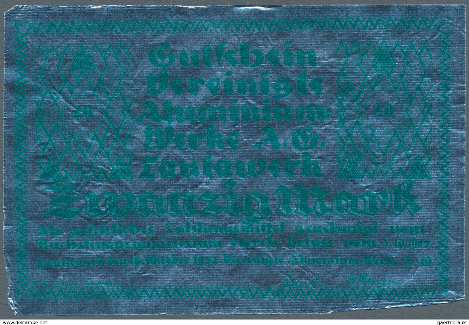 Deutschland - Notgeld Besonderer Art: Zwei Noten Aus Aluminium Zu Den Werten 20 Und 100 Mark 1922, G - Autres & Non Classés