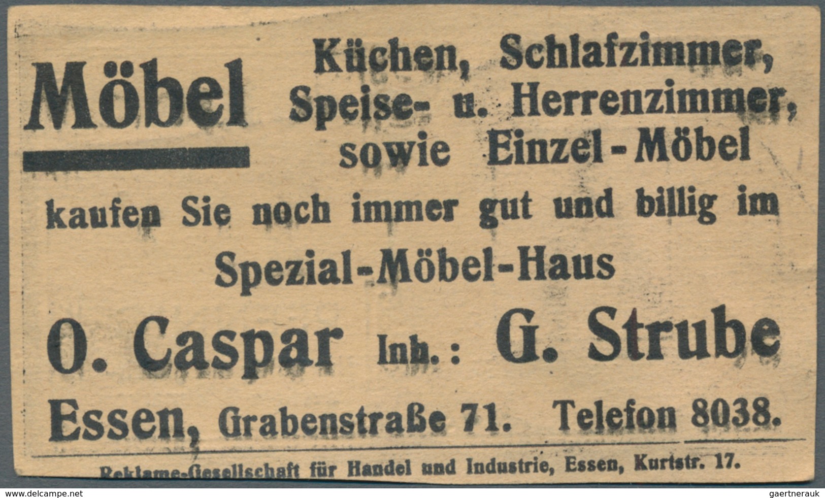 Deutschland - Briefmarkennotgeld: Essen, O. Caspar, Spezial-Möbel-Haus, 10 Pf. Germania Orange, Brie - Otros & Sin Clasificación