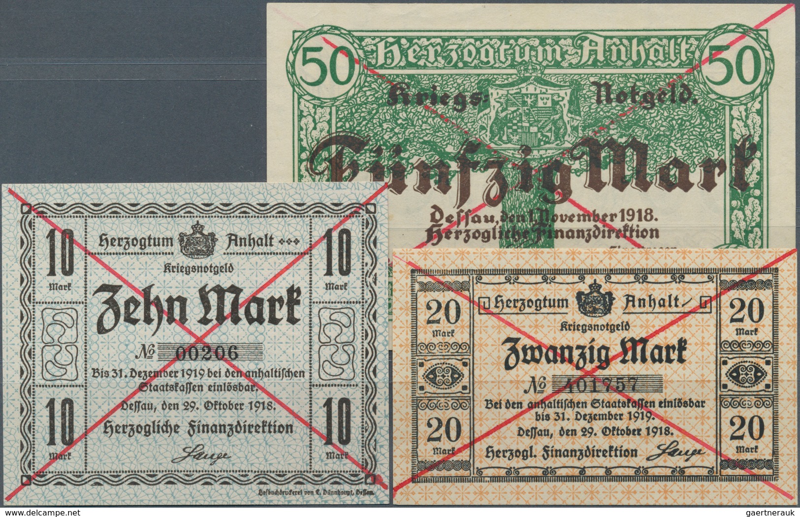 Deutschland - Länderscheine: Anhalt, Herzogliche Finanzdirektion, 10, 20 Mark, 29.10.1918, 50 Mark, - Otros & Sin Clasificación