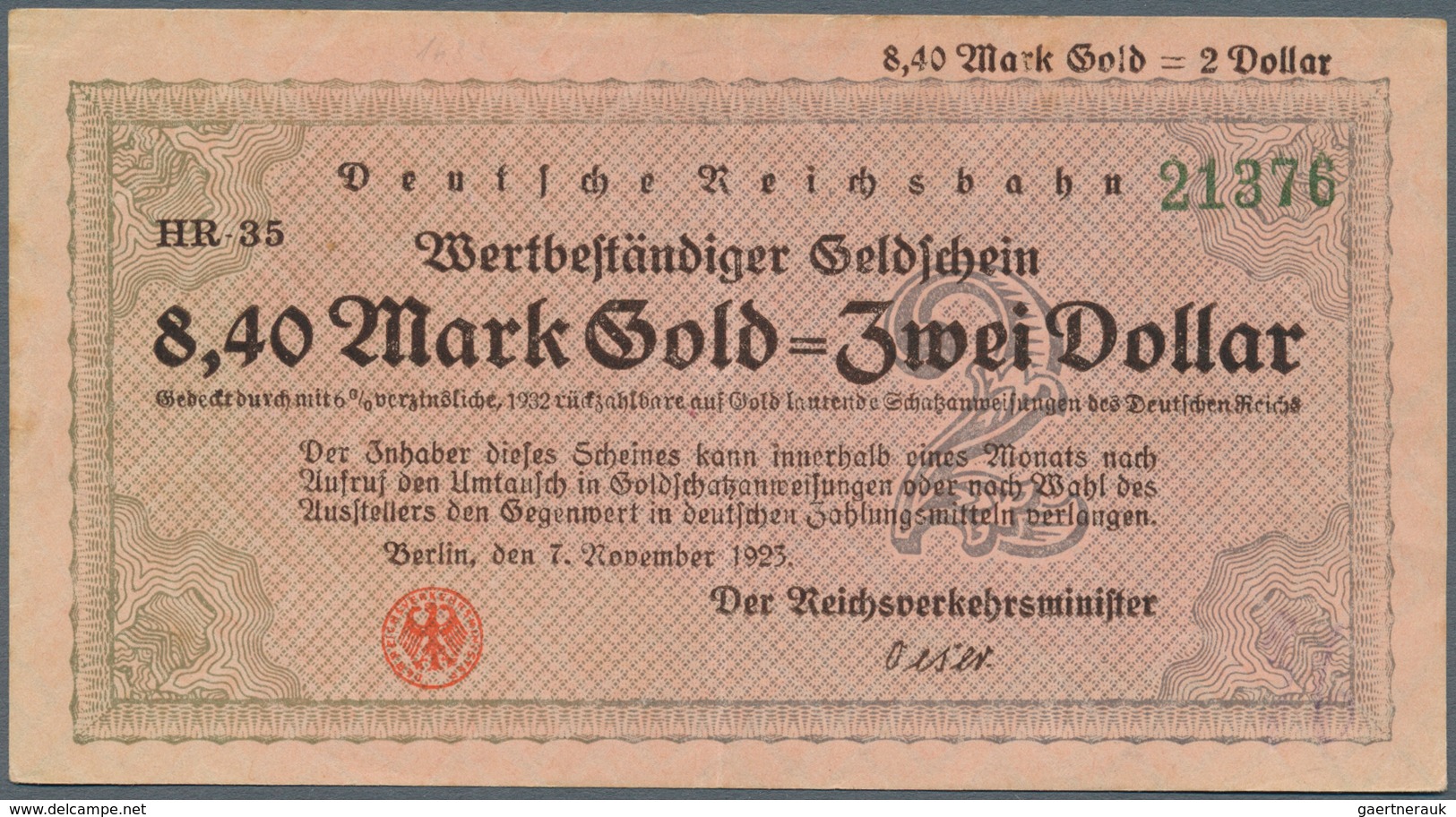 Deutschland - Reichsbahn / Reichspost: 8,40 Mark Gold 1923, P.S1039 Der RBD Berlin In Leicht Gebrauc - Autres & Non Classés