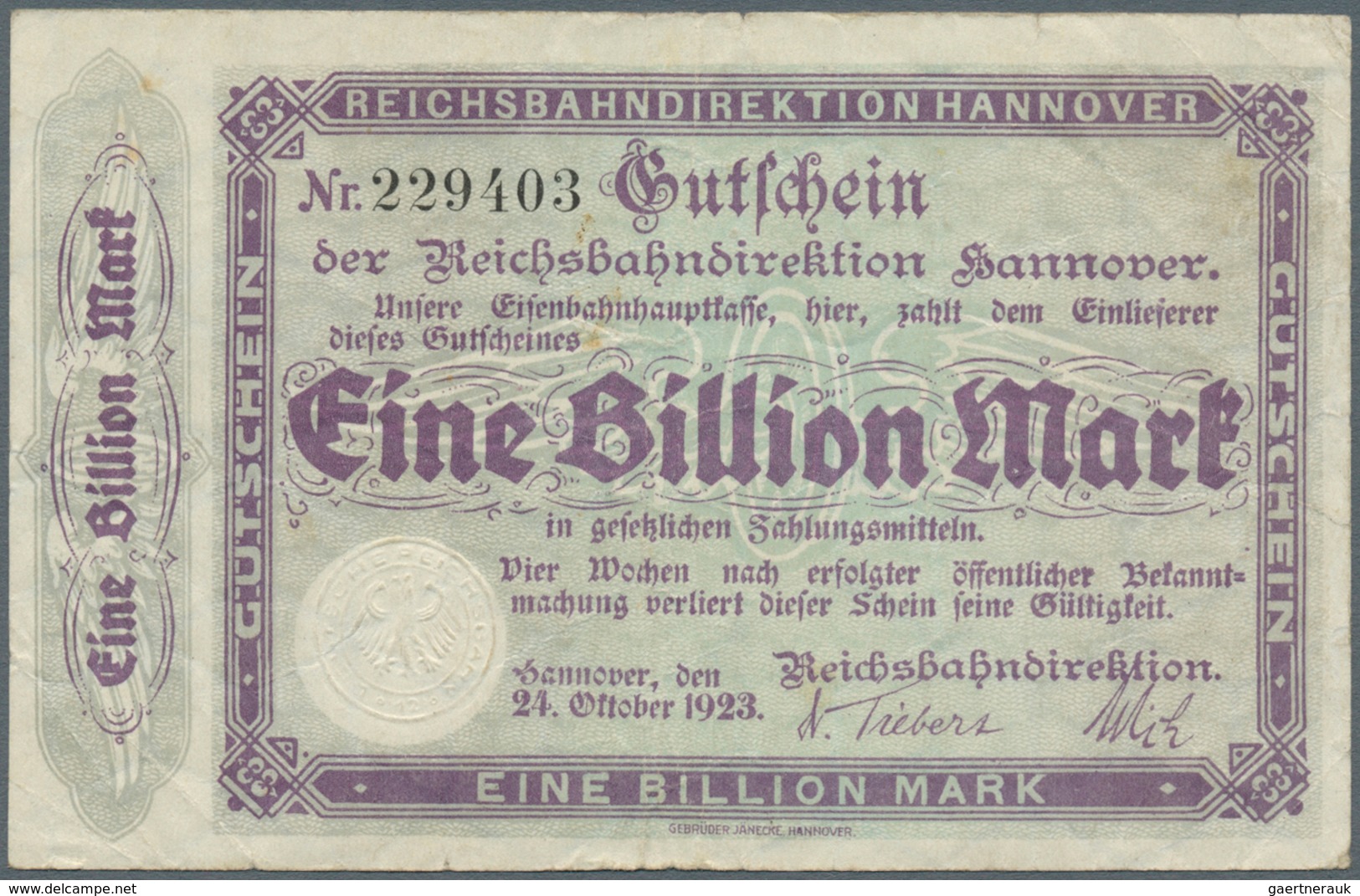 Deutschland - Reichsbahn / Reichspost: 1 Billion Mark 1923 Reichsbahndirektion Hannover, Gebraucht M - Autres & Non Classés