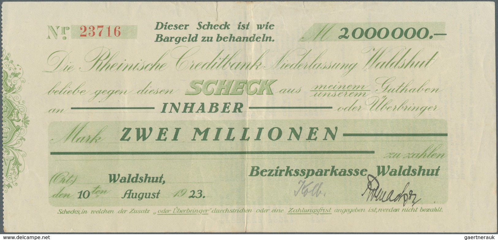 Deutschland - Notgeld - Baden: Waldshut, Bezirkssparkasse, 2 Mio. Mark, 10.8.1923, Gedr. Scheck Auf - [11] Emissioni Locali