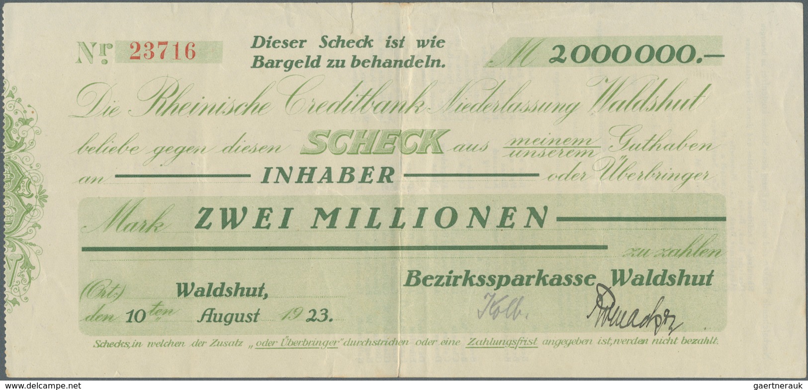 Deutschland - Notgeld - Baden: Waldshut, Bezirkssparkasse, 2 Mio. Mark, 10.8.1923, Gedr. Scheck Auf - [11] Emissions Locales