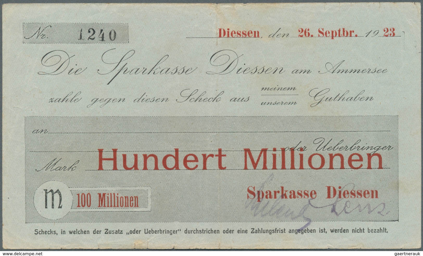 Deutschland - Notgeld - Bayern: Diessen, Sparkasse, 100 Mio. Mark, 26.9.1923, Gedruckter Eigenscheck - [11] Emissions Locales