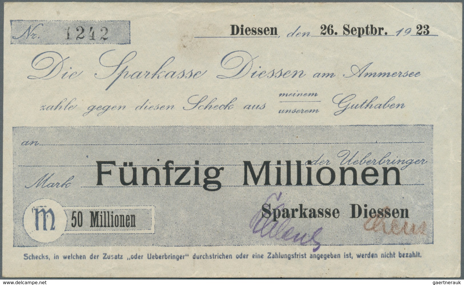 Deutschland - Notgeld - Bayern: Diessen, Sparkasse, 50 Mio. Mark, 26.9.1923, Gedruckter Eigenscheck, - [11] Emissions Locales