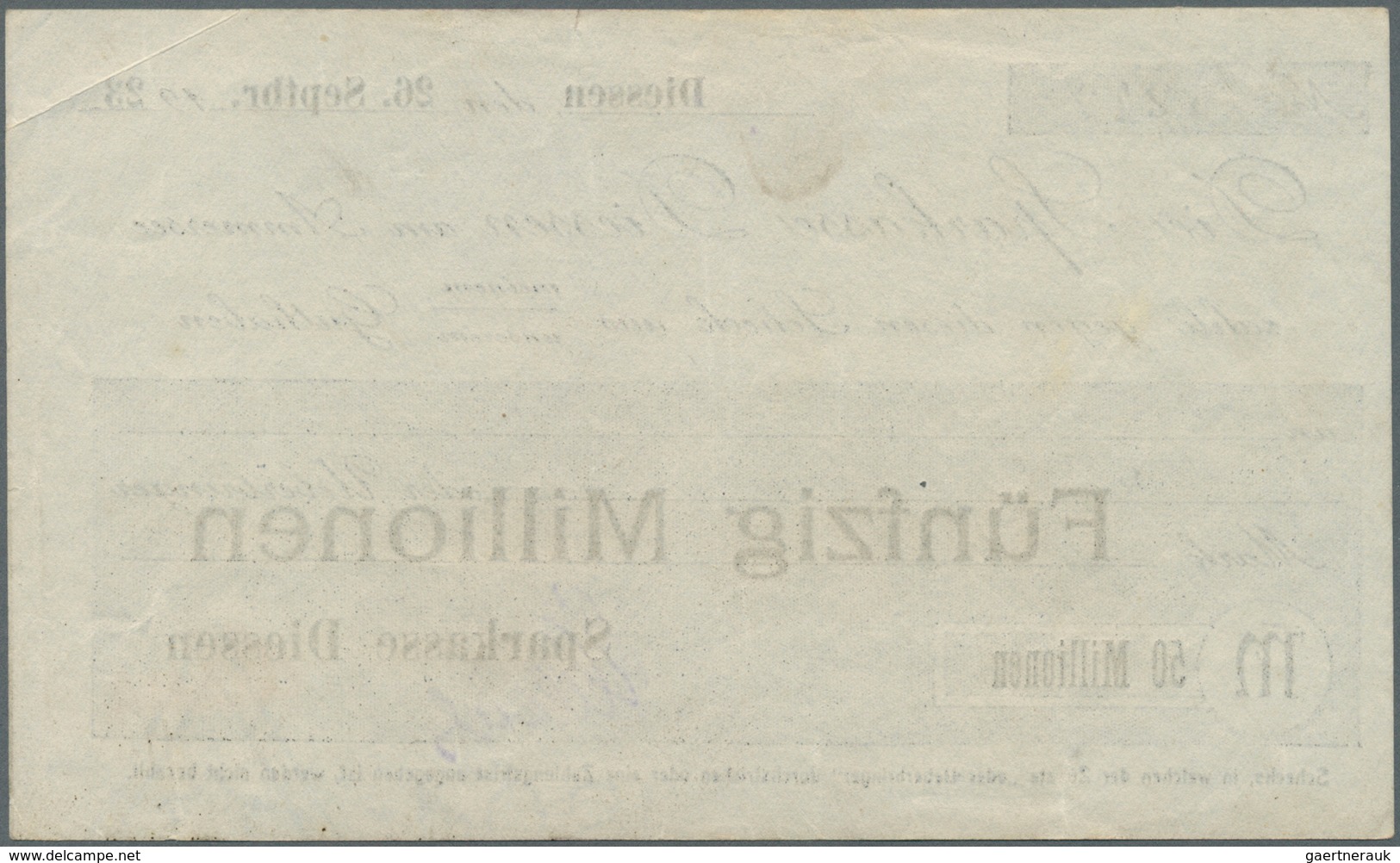 Deutschland - Notgeld - Bayern: Diessen, Sparkasse, 50 Mio. Mark, 26.9.1923, Gedruckter Eigenscheck, - [11] Emisiones Locales