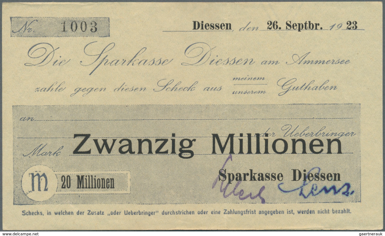 Deutschland - Notgeld - Bayern: Diessen, Sparkasse, 20 Mio. Mark, 26.9.1923, Gedruckter Eigenscheck, - [11] Emisiones Locales