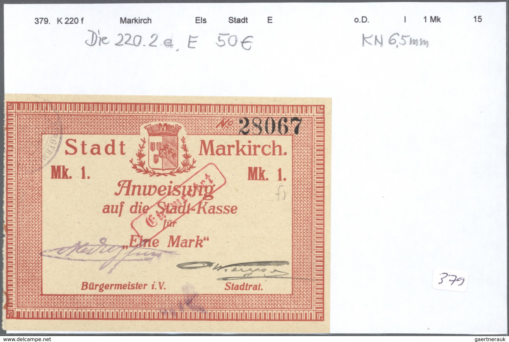 Deutschland - Notgeld - Elsass-Lothringen: Markirch, Oberelsass, Stadt, 50 Pf. (8), 1 (6), 2 (5), 5