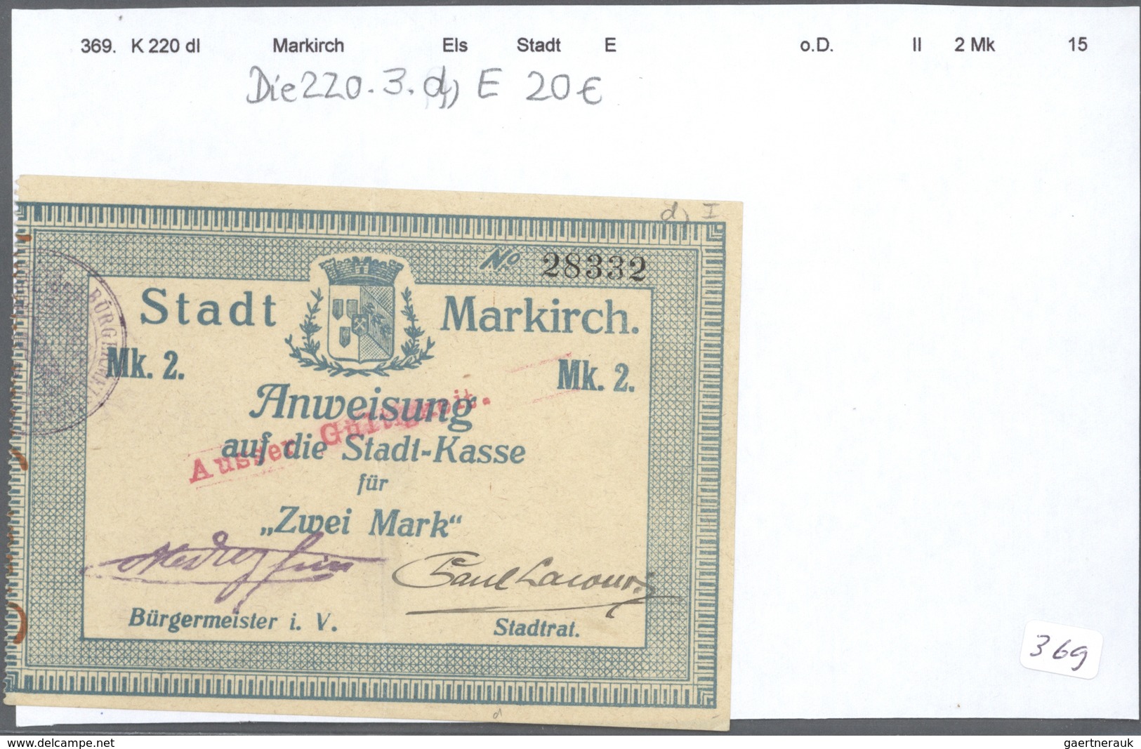 Deutschland - Notgeld - Elsass-Lothringen: Markirch, Oberelsass, Stadt, 50 Pf. (8), 1 (6), 2 (5), 5