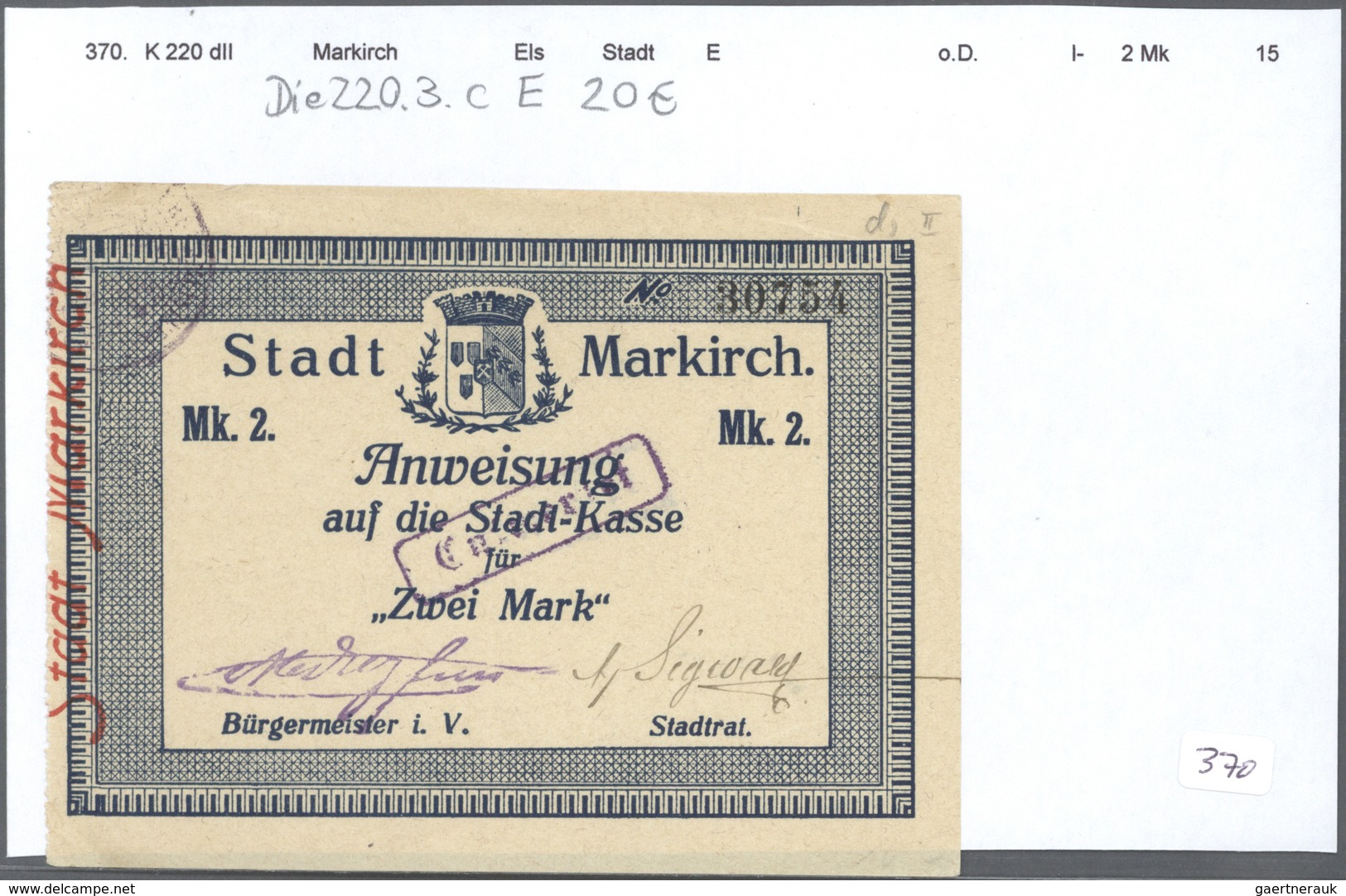 Deutschland - Notgeld - Elsass-Lothringen: Markirch, Oberelsass, Stadt, 50 Pf. (8), 1 (6), 2 (5), 5