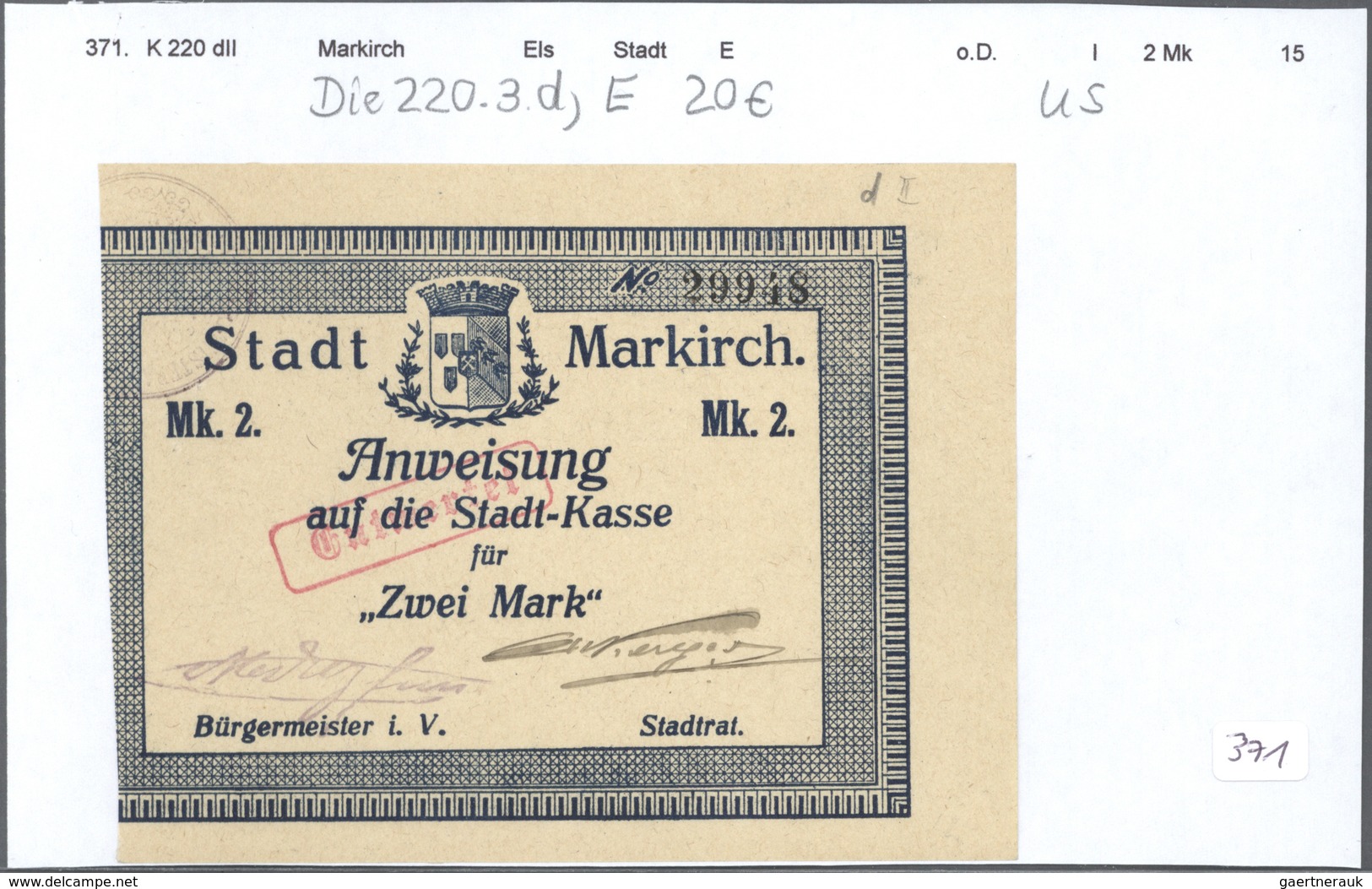 Deutschland - Notgeld - Elsass-Lothringen: Markirch, Oberelsass, Stadt, 50 Pf. (8), 1 (6), 2 (5), 5