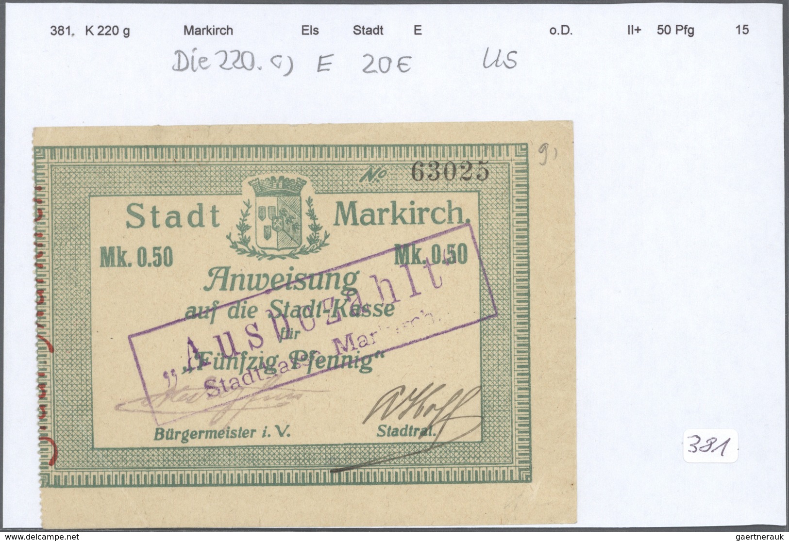 Deutschland - Notgeld - Elsass-Lothringen: Markirch, Oberelsass, Stadt, 50 Pf. (8), 1 (6), 2 (5), 5