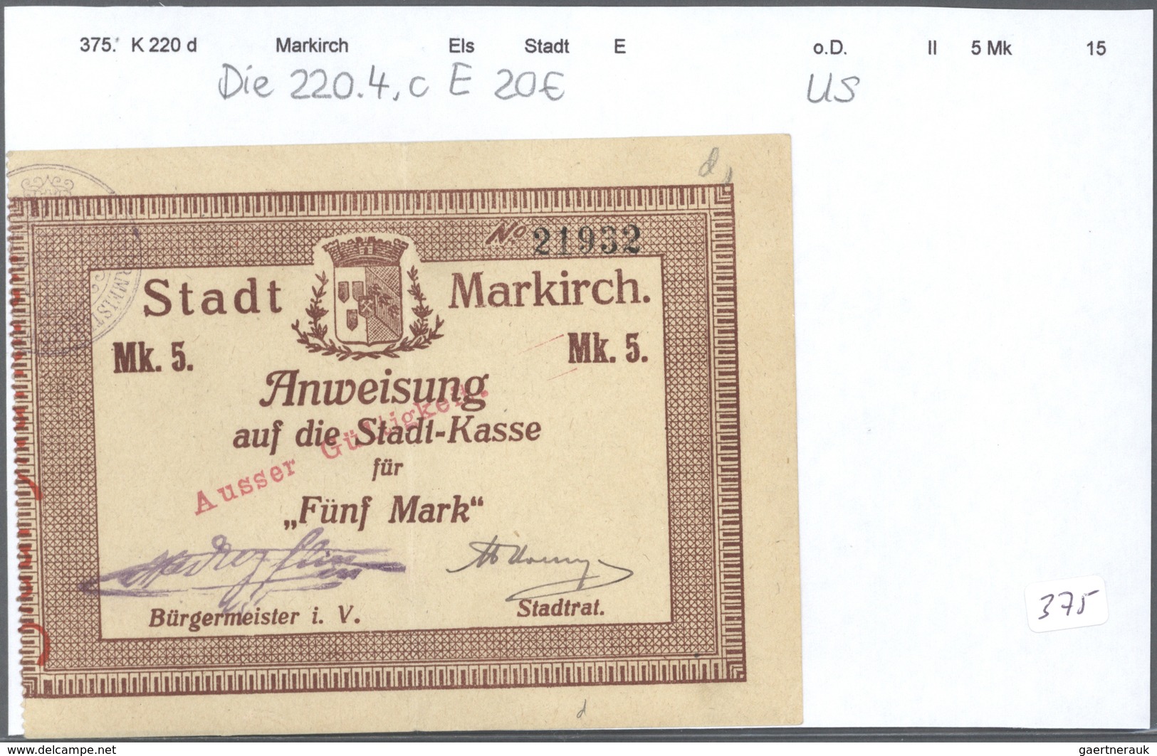 Deutschland - Notgeld - Elsass-Lothringen: Markirch, Oberelsass, Stadt, 50 Pf. (8), 1 (6), 2 (5), 5