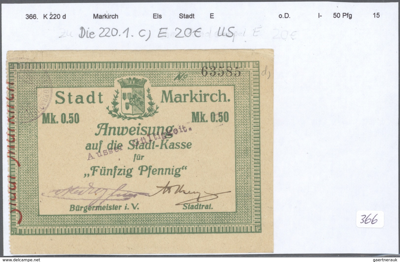 Deutschland - Notgeld - Elsass-Lothringen: Markirch, Oberelsass, Stadt, 50 Pf. (8), 1 (6), 2 (5), 5