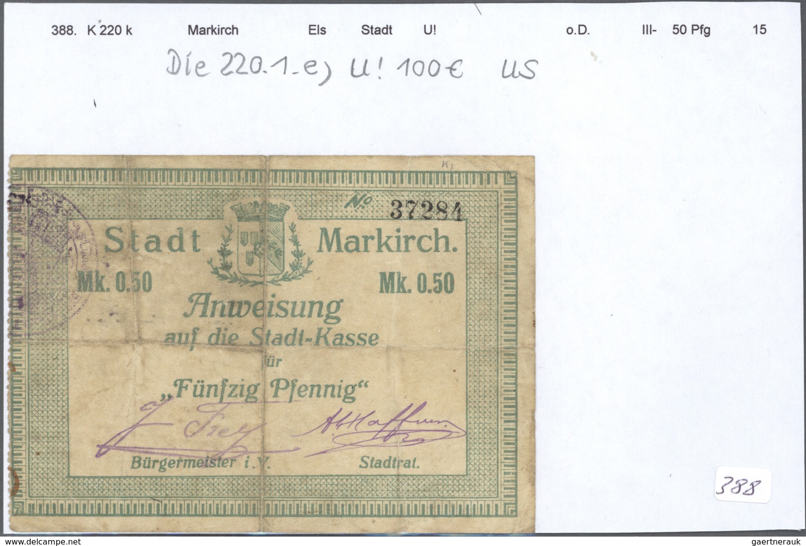 Deutschland - Notgeld - Elsass-Lothringen: Markirch, Oberelsass, Stadt, 50 Pf. (8), 1 (6), 2 (5), 5