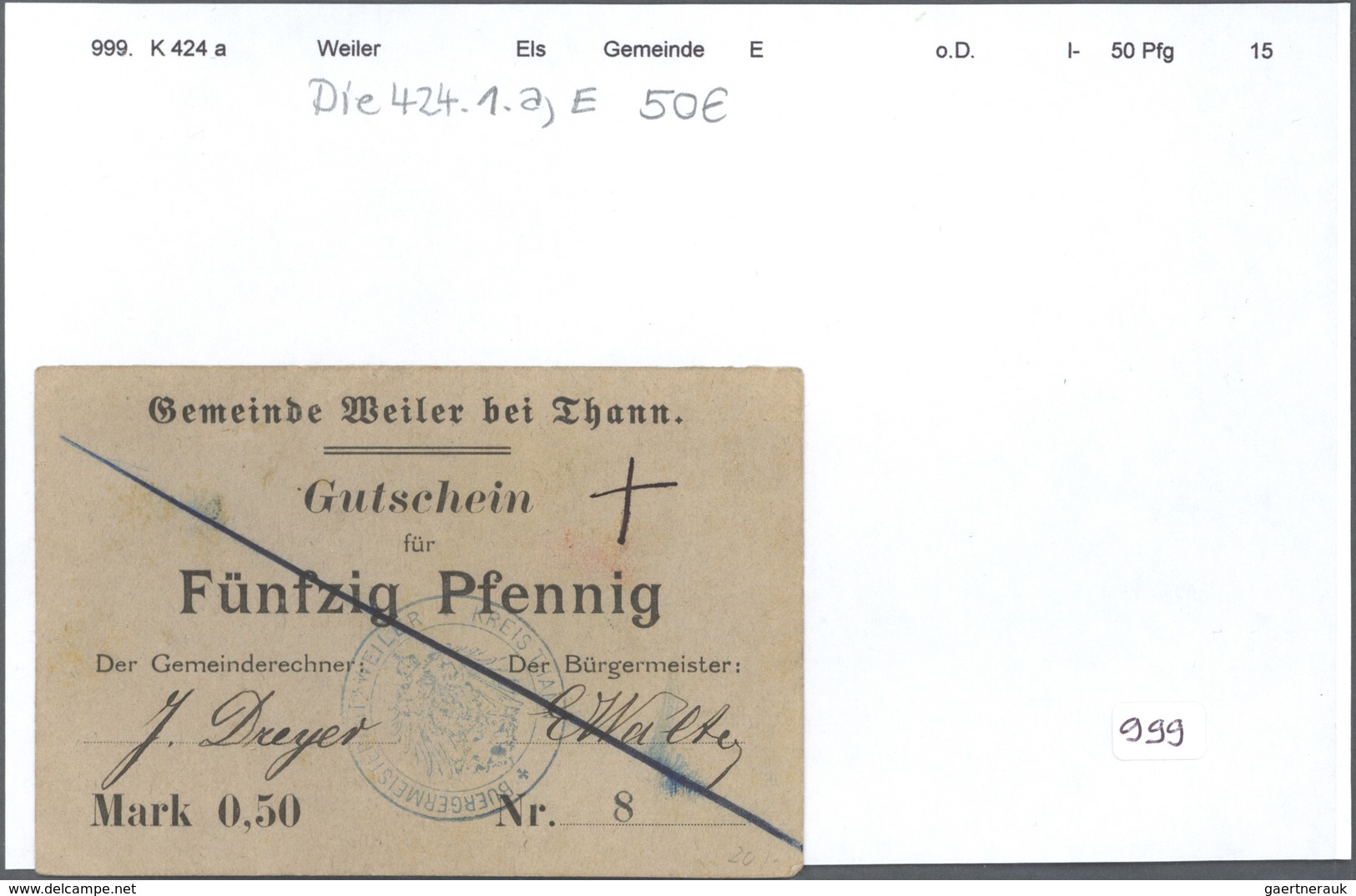 Deutschland - Notgeld - Elsass-Lothringen: Weiler Bei Thann, Oberelsass, Gemeinde, 50 Pf. (5), 1 (2) - Andere & Zonder Classificatie