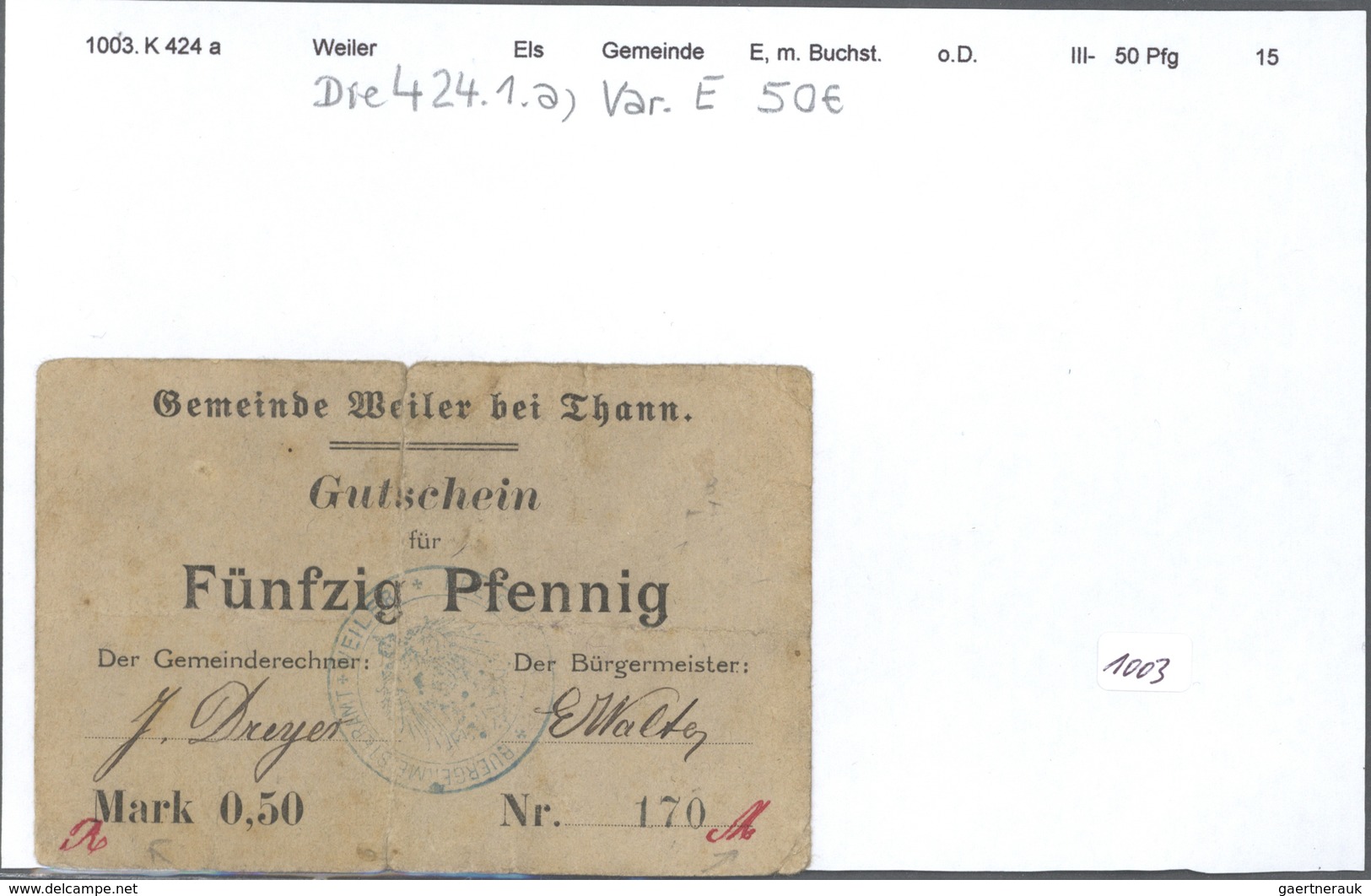 Deutschland - Notgeld - Elsass-Lothringen: Weiler Bei Thann, Oberelsass, Gemeinde, 50 Pf. (5), 1 (2) - Andere & Zonder Classificatie