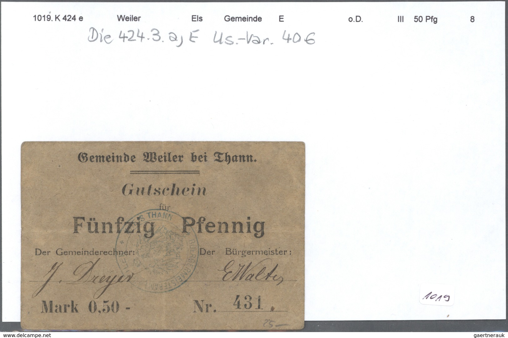 Deutschland - Notgeld - Elsass-Lothringen: Weiler bei Thann, Oberelsass, Gemeinde, 50 Pf. (5), 1 (2)