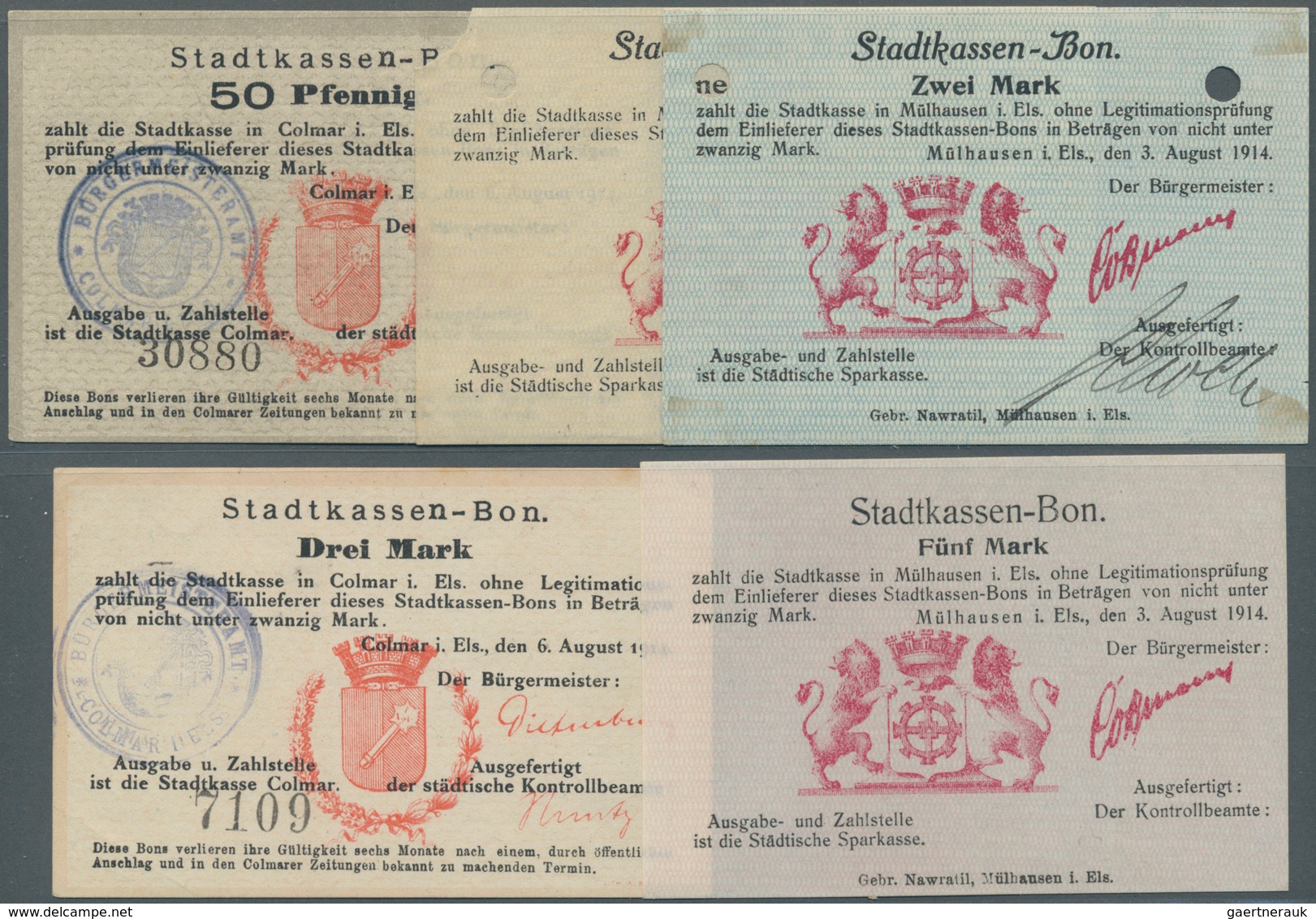 Deutschland - Notgeld - Elsass-Lothringen: Mülhausen, Elsass, 1. Serie Von 1914 Mit 5 Scheinen 50 Pf - Otros & Sin Clasificación