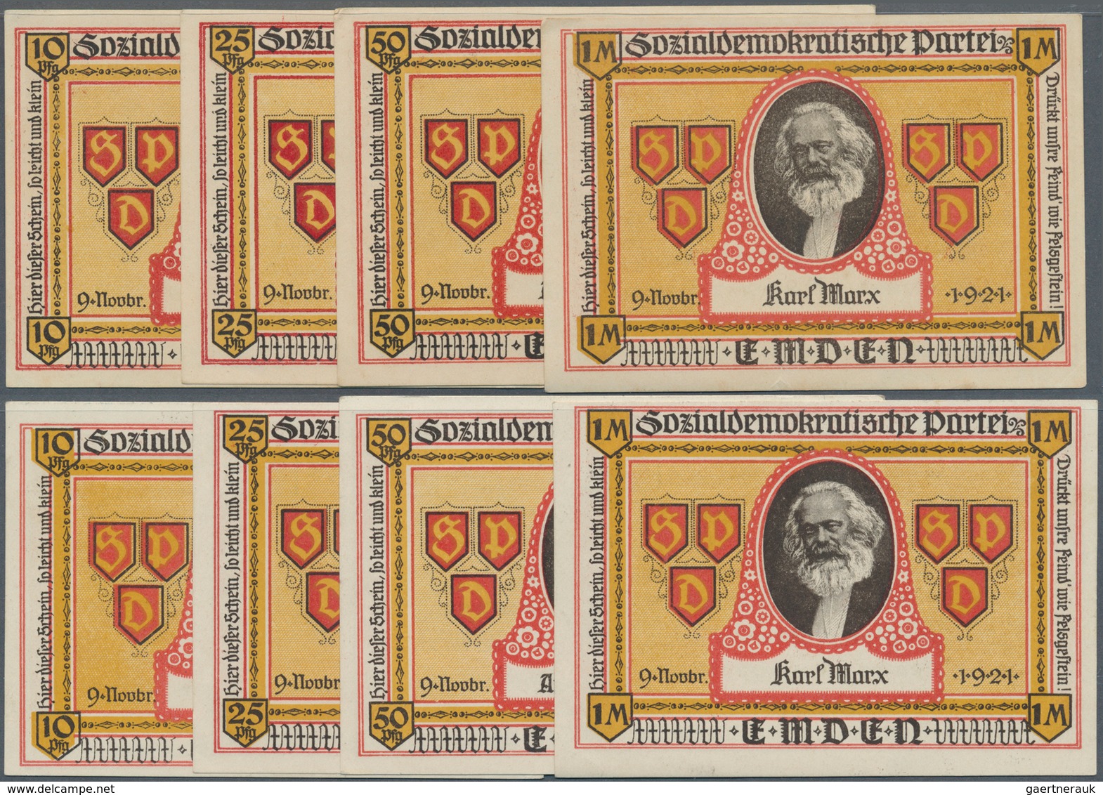 Deutschland - Notgeld - Niedersachsen: Emden, Sozialdemokratische Werbewoche, 10, 25, 50 Pf., 1 Mark - [11] Local Banknote Issues