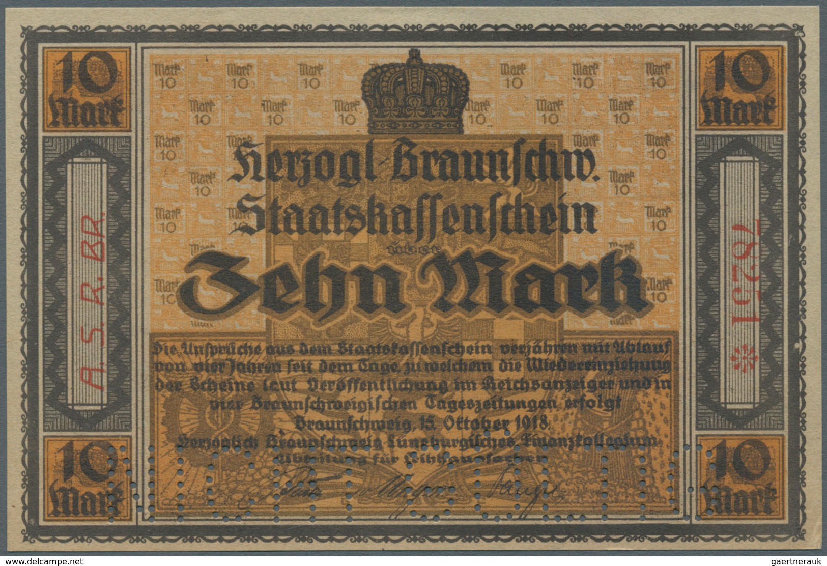 Deutschland - Notgeld - Niedersachsen: Herzogl-Braunschschw.Staatskassenschein 10 Mark 1918 Mit Perf - [11] Emissioni Locali