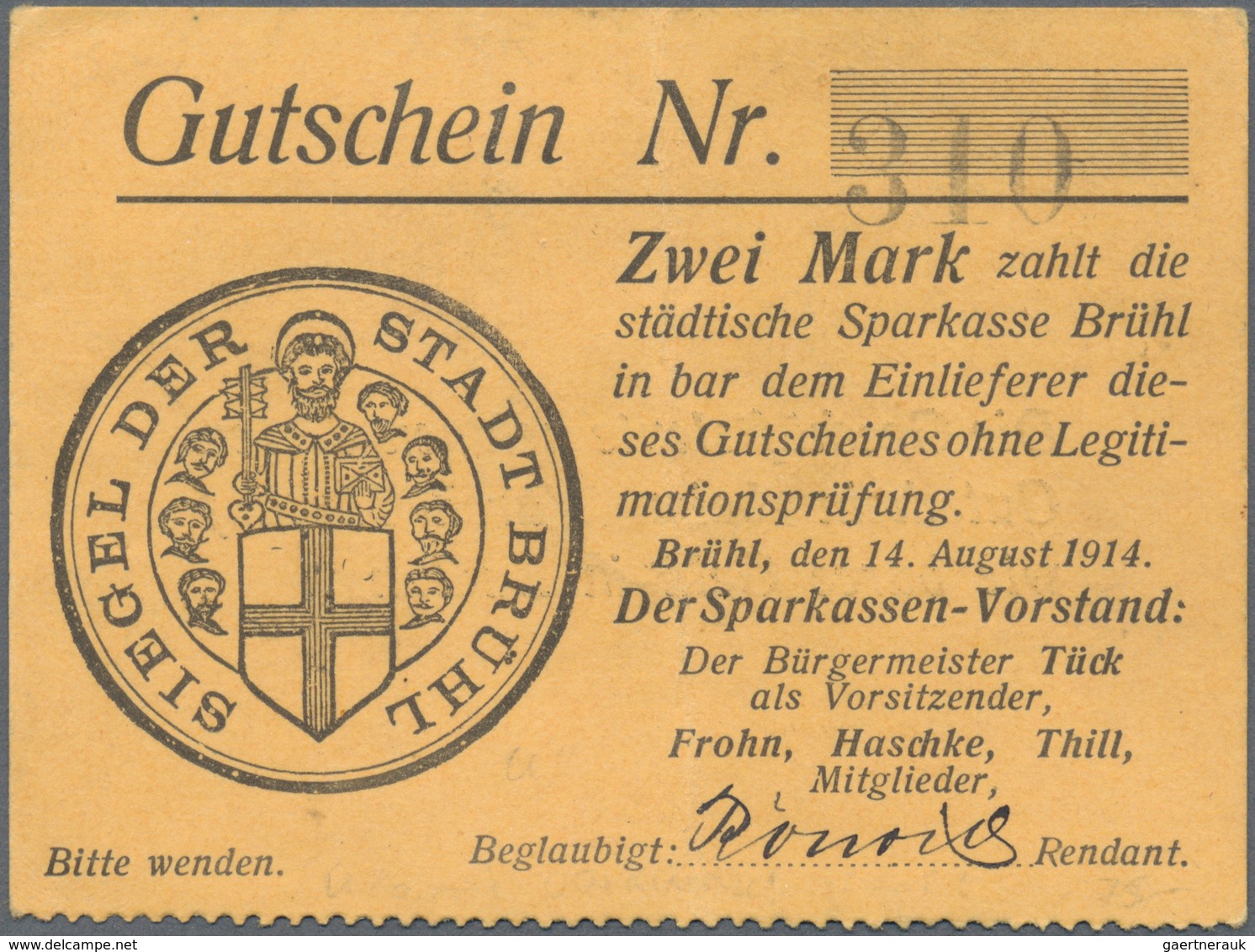 Deutschland - Notgeld - Rheinland: Brühl, Städtische Sparkasse, 2 Mark, 14.8.1914, 4. Zeile Endet Au - [11] Emissions Locales