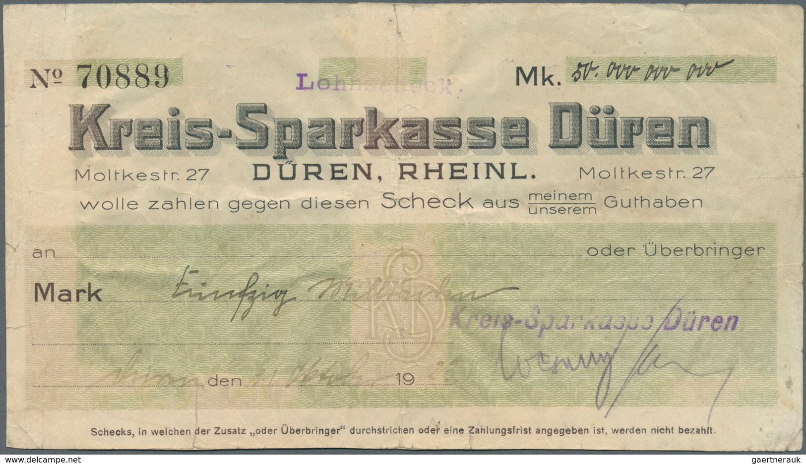 Deutschland - Notgeld - Rheinland: Düren, Kreissparkasse, 50 Mrd. Mark, 31.10.1923, Eigenscheck, Wer - [11] Emissions Locales