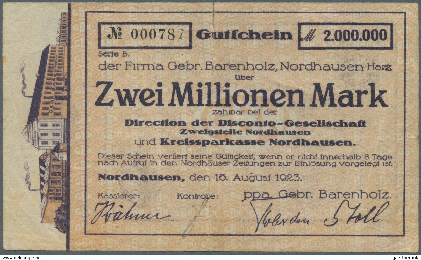 Deutschland - Notgeld - Thüringen: Nordhausen, Gebr. Barenholz, 2 Mio. Mark, 16.8.1923, Serie B, Nen - [11] Emissions Locales