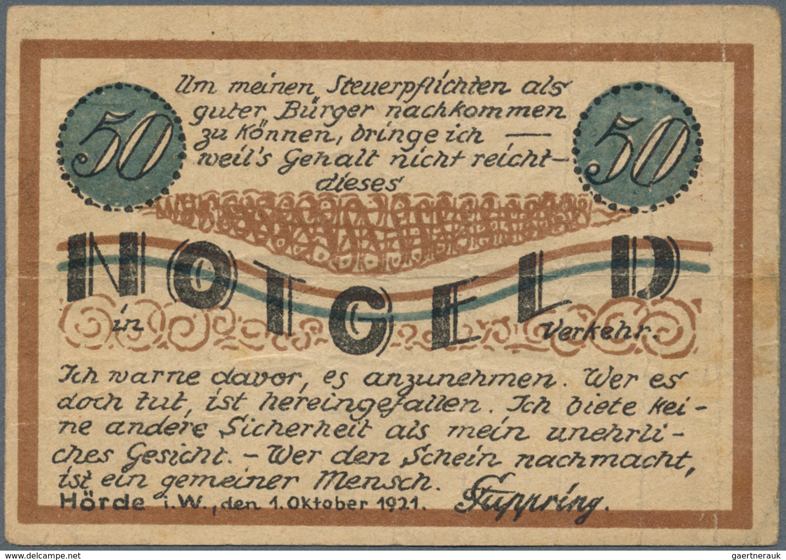 Deutschland - Notgeld - Westfalen: Hörde, F. Cuppring, 50 Pf., 1.10.1921, Scherzschein, Erh. III, Se - Altri & Non Classificati