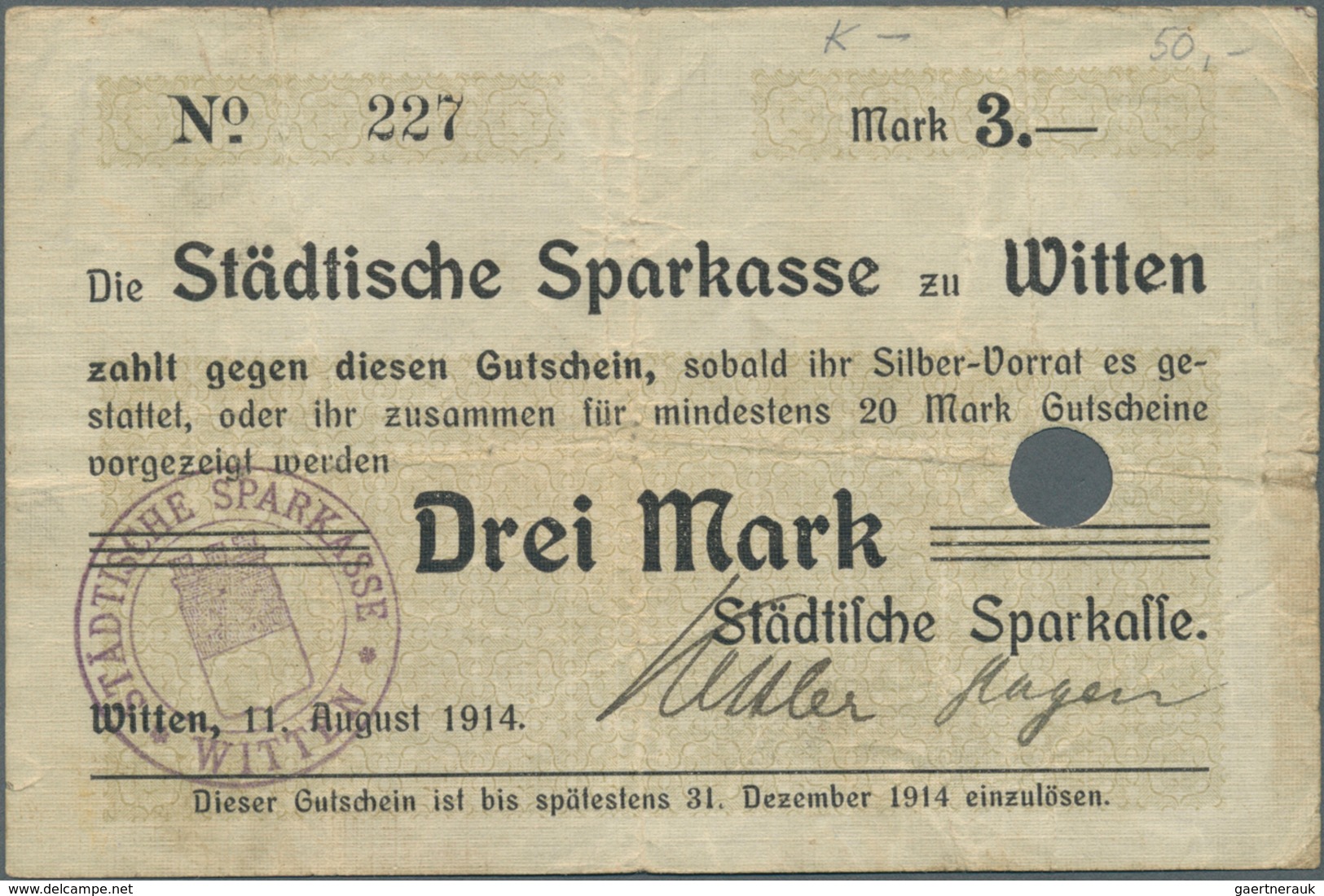 Deutschland - Notgeld - Westfalen: Witten, Städt. Sparkasse, 0,50, 1, 1,50, 2, 3 Mark, 11.8.1914, Da - Altri & Non Classificati