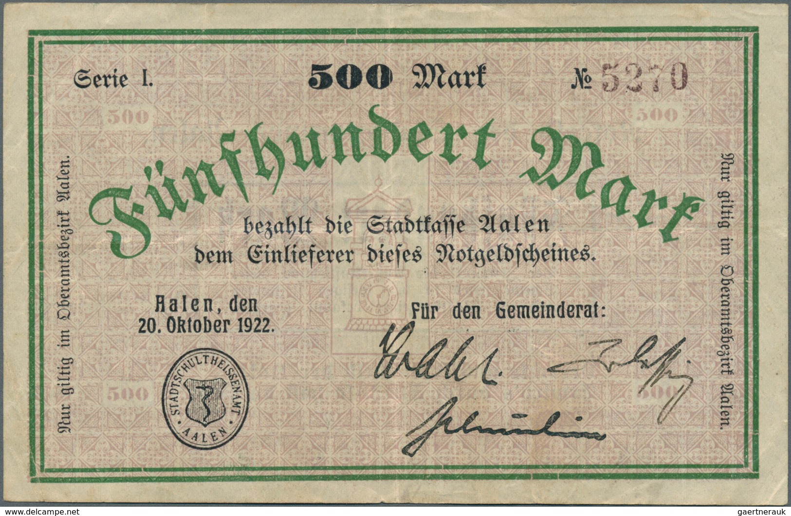 Deutschland - Notgeld - Württemberg: Aalen, Stadt, 500 Mark, 20.10.1922, Gebraucht; 4 X 500 Tsd. Mar - [11] Emisiones Locales