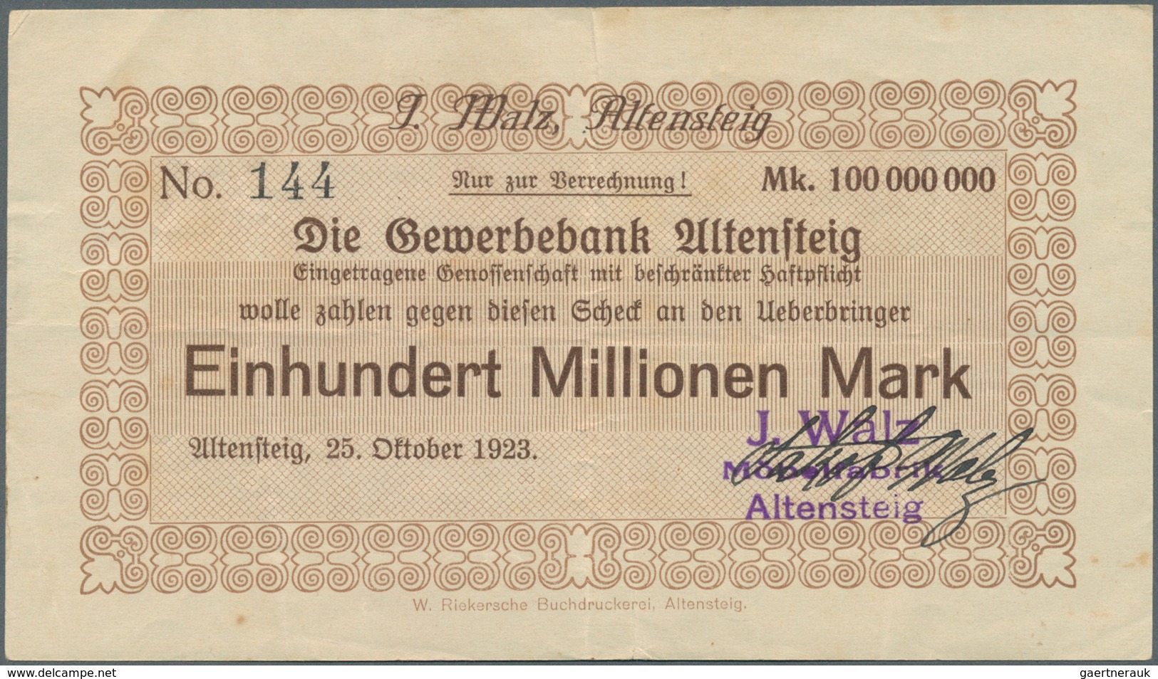Deutschland - Notgeld - Württemberg: Altensteig, Fa. J. Walz, Möbelfabrik, 100 Mio. Mark, 25.10.1923 - [11] Emissions Locales