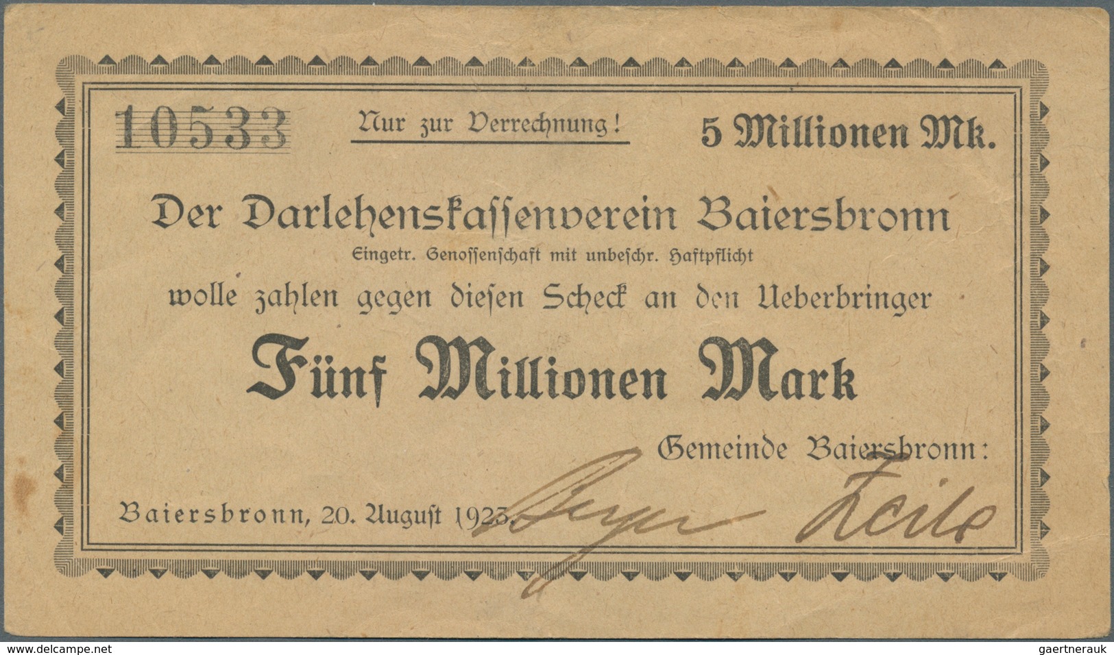 Deutschland - Notgeld - Württemberg: Baiersbronn, Gemeinde, 4 X 5 Mio. Mark, Papierfarbvarianten, "M - [11] Emissions Locales