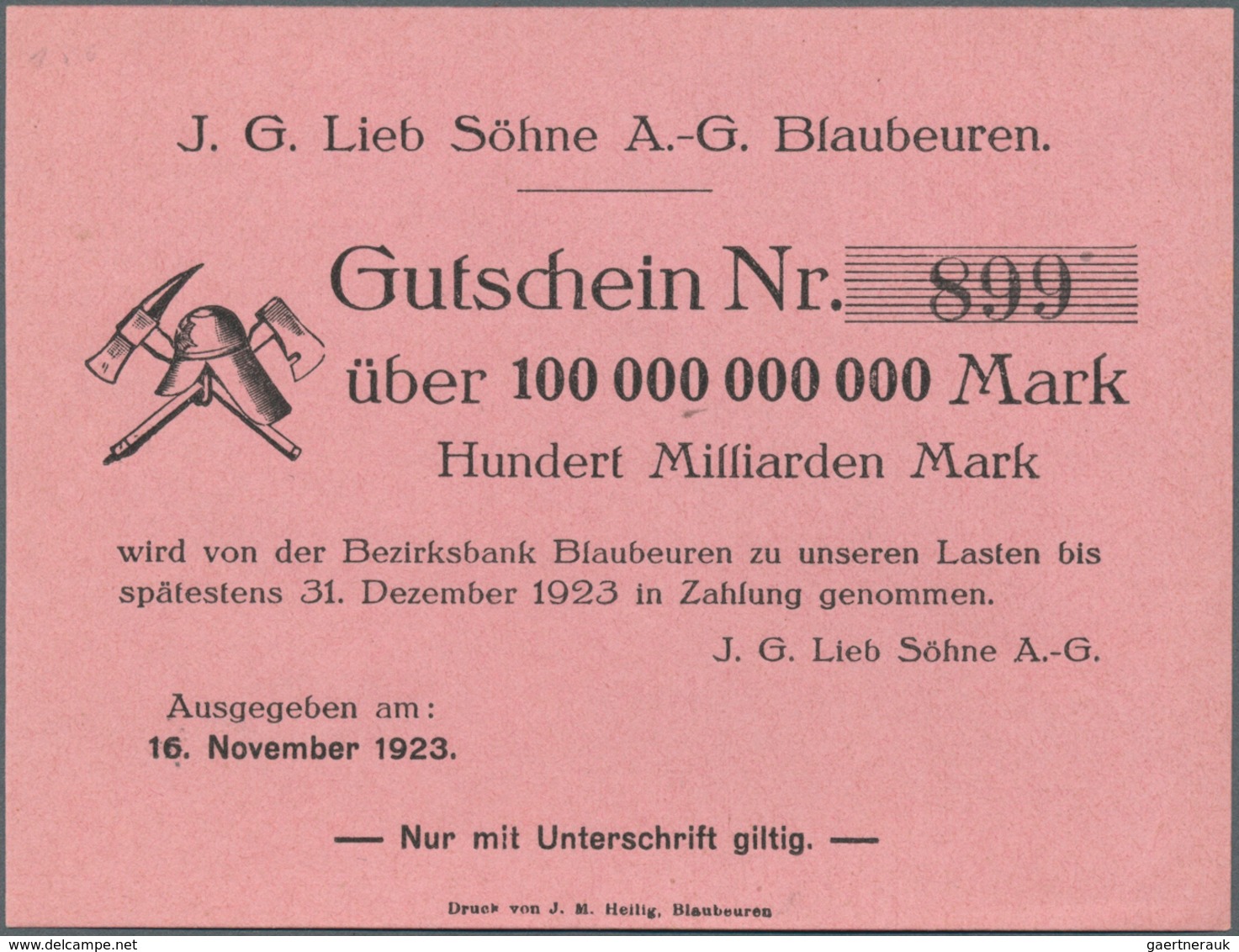 Deutschland - Notgeld - Württemberg: Blaubeuren, J. G. Lieb, 10 Mrd. Mark, 7.11.1923, 20 Mrd. Mark, - [11] Emissions Locales