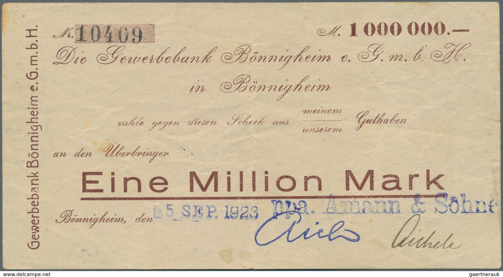 Deutschland - Notgeld - Württemberg: Bönnigheim, Gewerbebank, 1 Mio. Mark, 5.9.1923 (Datum Gestempel - [11] Emissions Locales