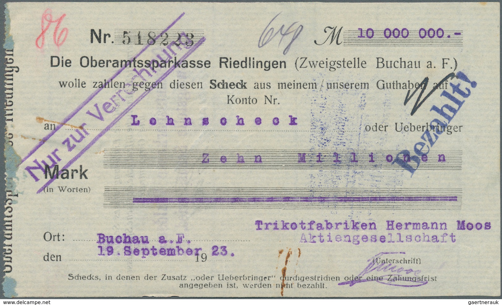 Deutschland - Notgeld - Württemberg: Buchau, Trikotfabrik Hermann Moos, 10 Mio. Mark, 10.9.1923, 19. - [11] Emisiones Locales