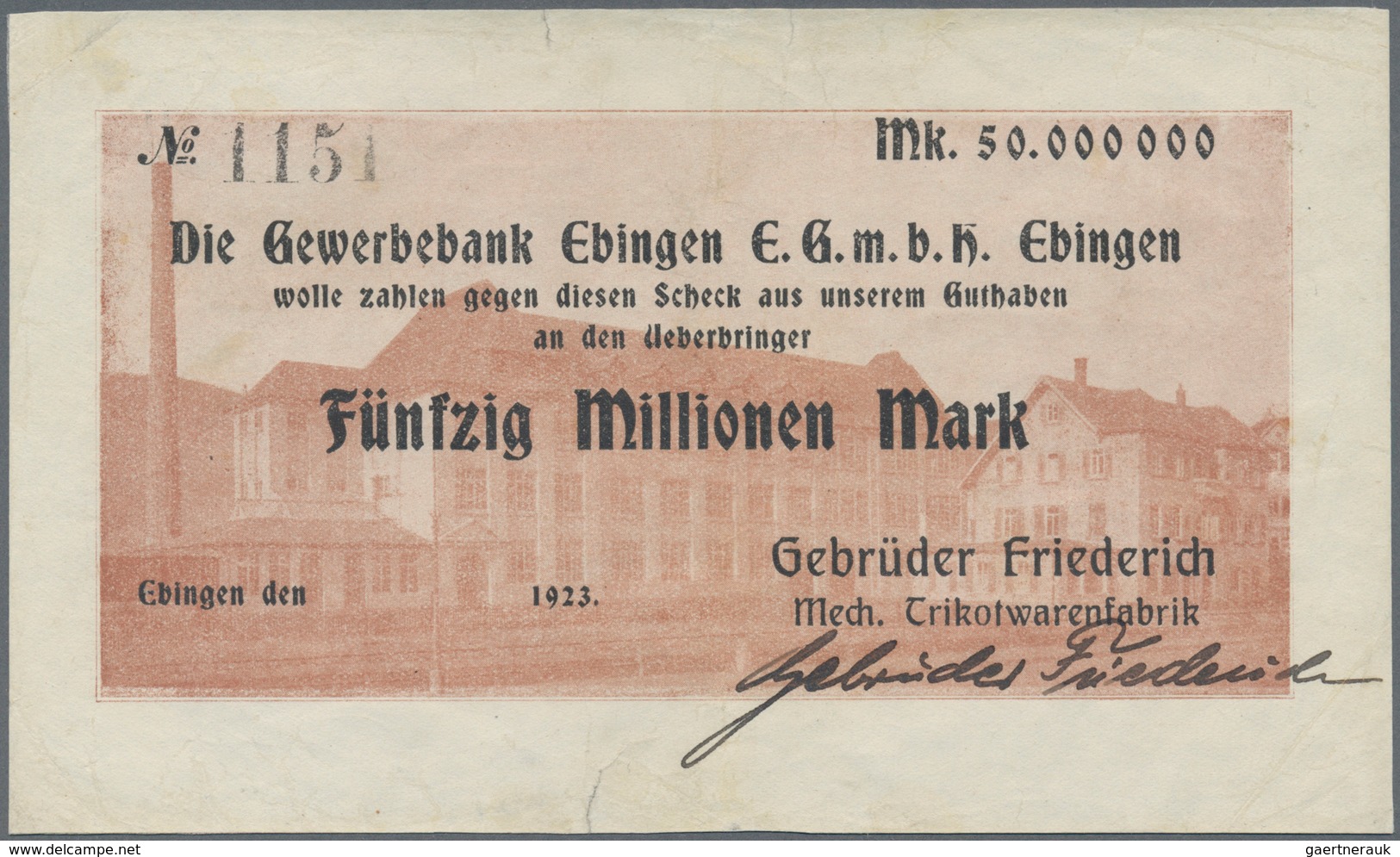 Deutschland - Notgeld - Württemberg: Ebingen, Gebrüder Friederich, 50 Mio. Mark, O. D., Erh. III - [11] Local Banknote Issues