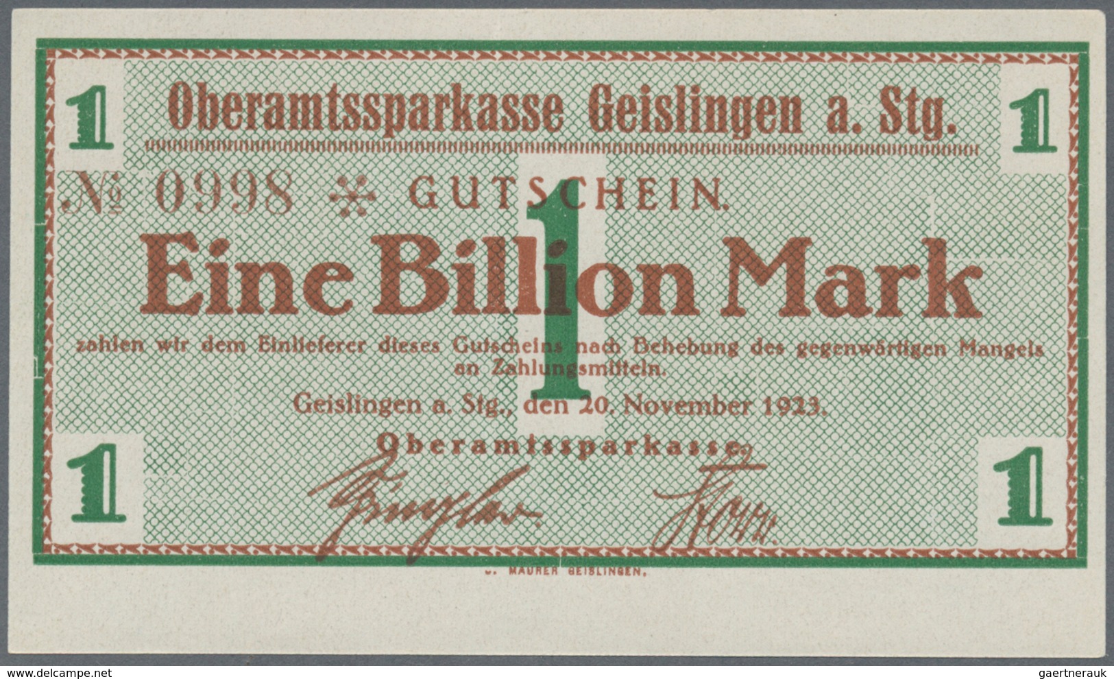 Deutschland - Notgeld - Württemberg: Geislingen, Amtskörperschaft, 5, 20, 50 Mark, November 1918, Er - [11] Emisiones Locales