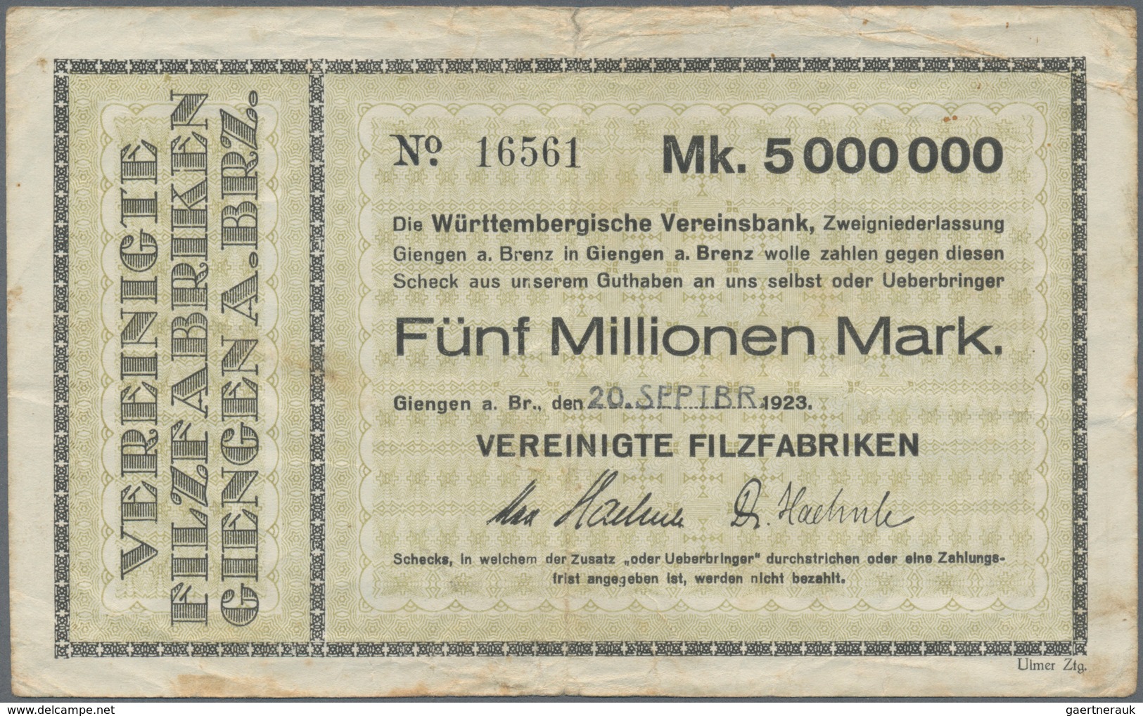 Deutschland - Notgeld - Württemberg: Giengen, Vereinigte Filzfabriken, 1, 5 Mio. Mark, 20.9.1923, Er - [11] Emissions Locales