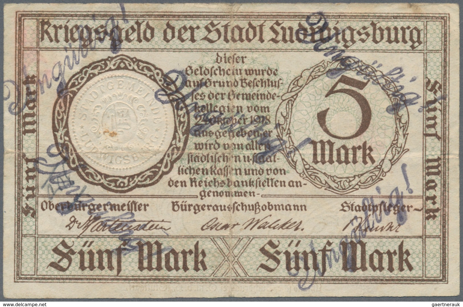 Deutschland - Notgeld - Württemberg: Ludwigsburg, Stadt, 5 Mark, 24.10.1918 (Karau 9.1), Entwertet, - [11] Emisiones Locales