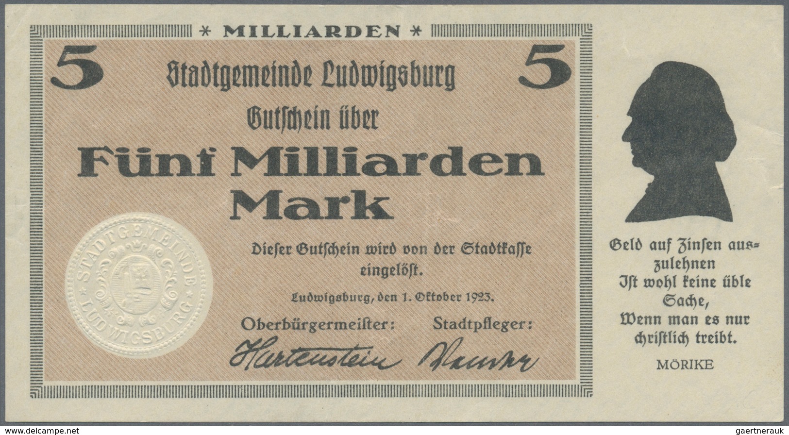 Deutschland - Notgeld - Württemberg: Ludwigsburg, Stadt, 5 Mark, 24.10.1918 (Karau 9.1), Entwertet, - [11] Emissions Locales