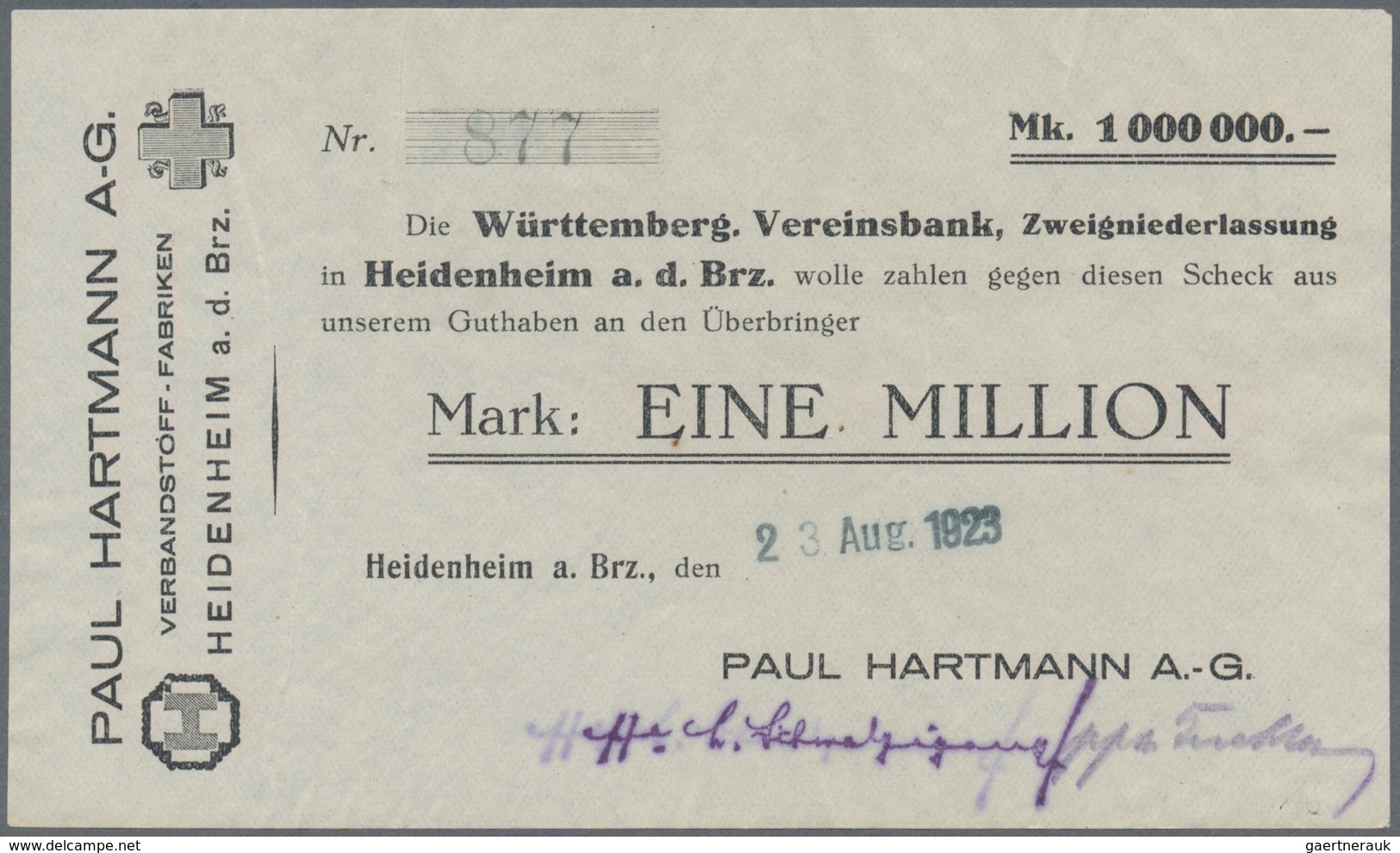 Deutschland - Notgeld - Württemberg: Heidenheim, Paul Hartmann AG, 2 X 1 Mio. Mark, O. D. (blanko), - [11] Emissioni Locali