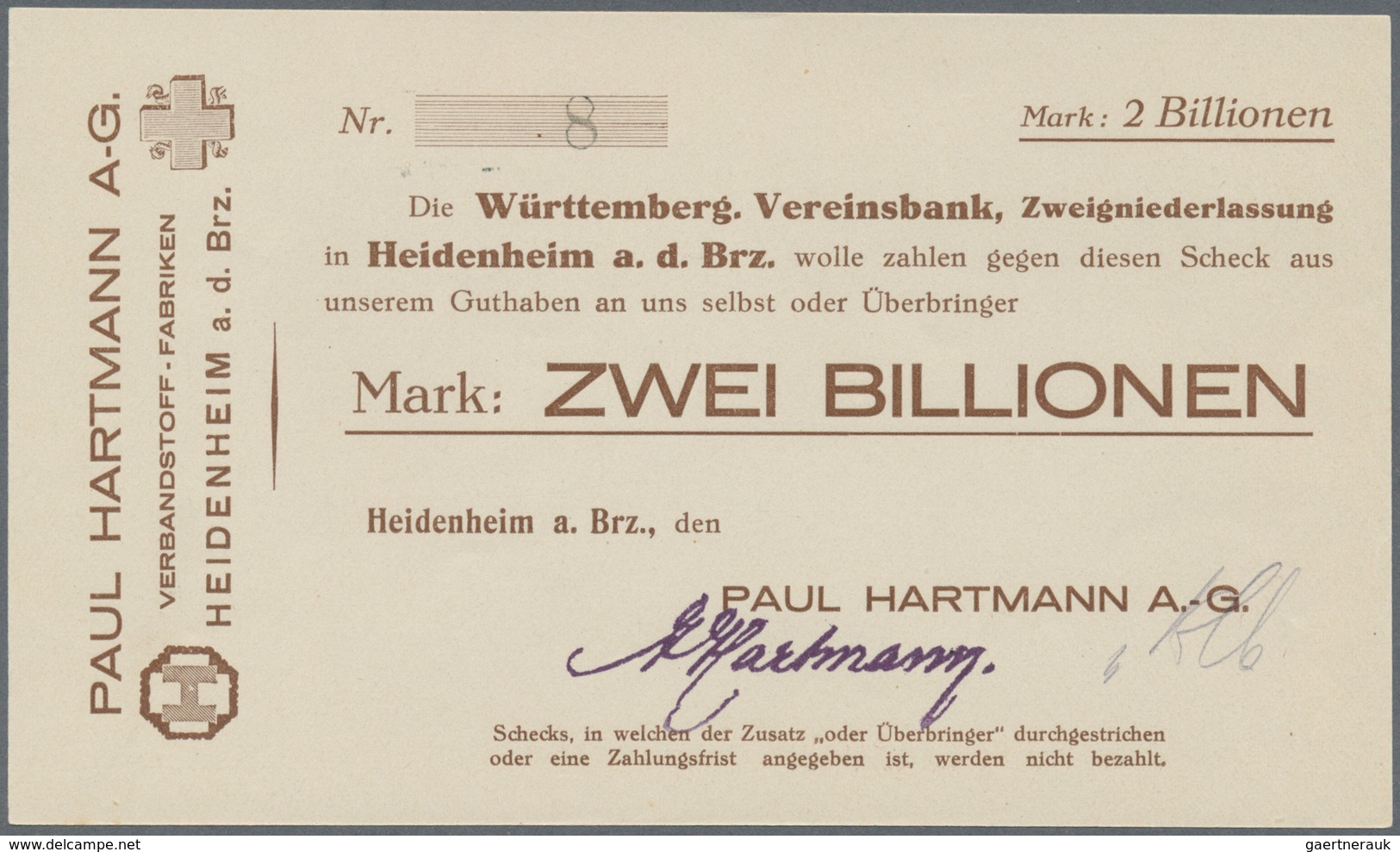 Deutschland - Notgeld - Württemberg: Heidenheim, Paul Hartmann AG, 1, 2 Billionen Mark, O. D., Mit K - [11] Emissions Locales