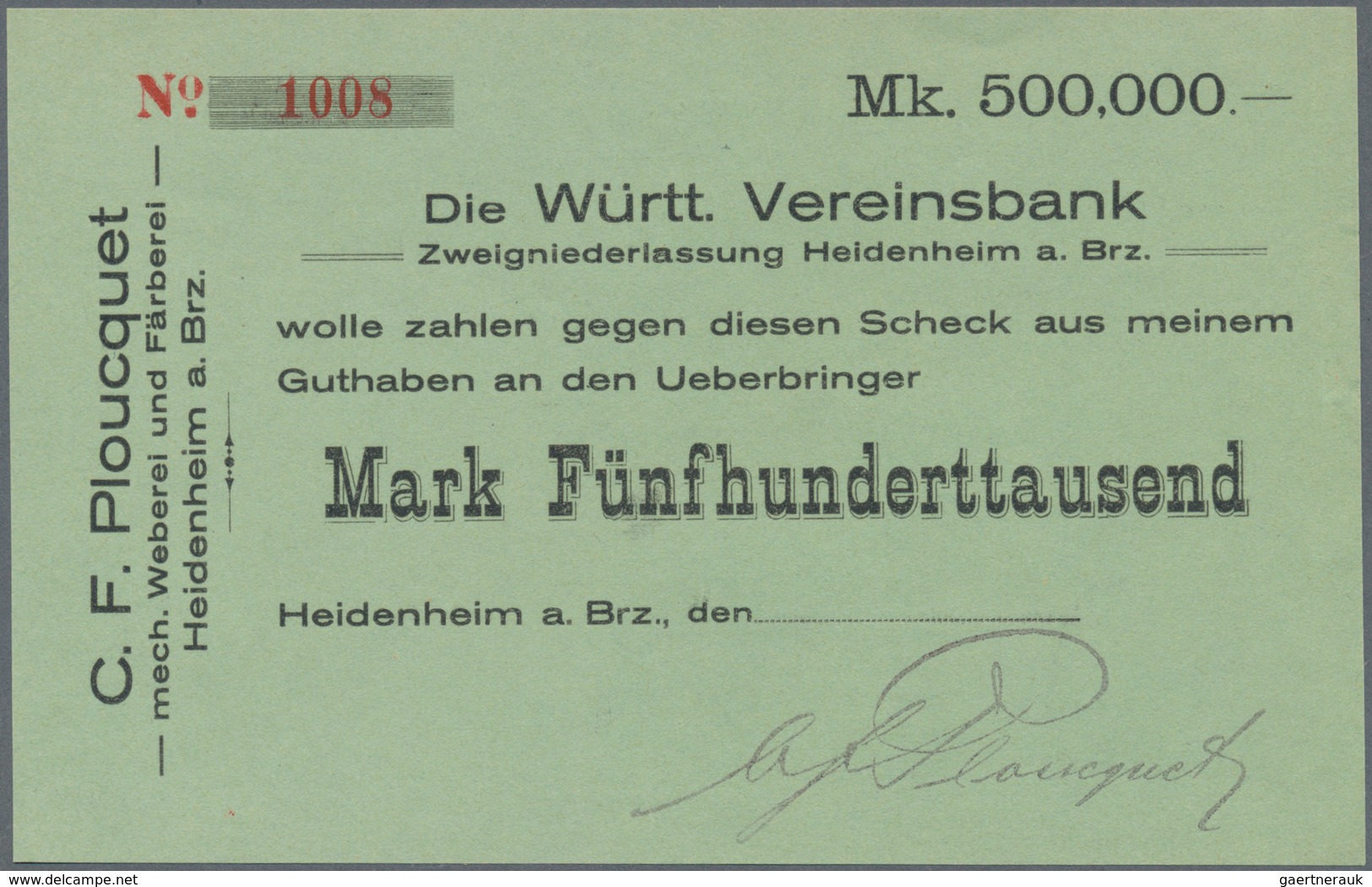 Deutschland - Notgeld - Württemberg: Heidenheim, C. F. Plouquet, 100, 500 Tsd. Mark, O. D., Mit KN U - Lokale Ausgaben