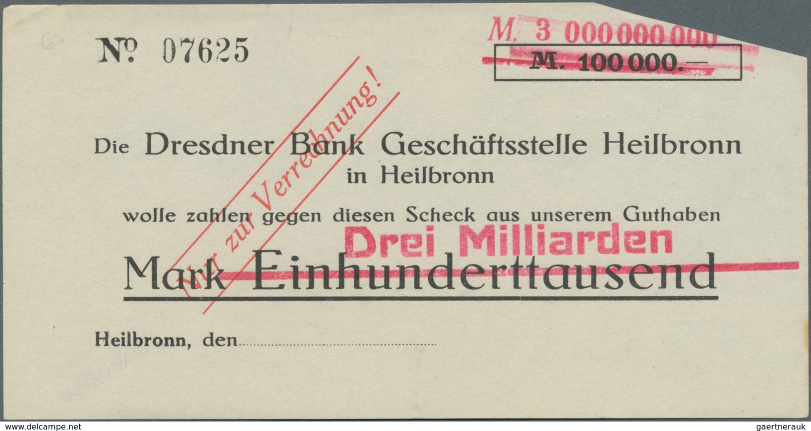 Deutschland - Notgeld - Württemberg: Heilbronn, Dresdner Bank, 3 Mrd. Mark, Überdruck Auf 100 Tsd. M - [11] Emisiones Locales