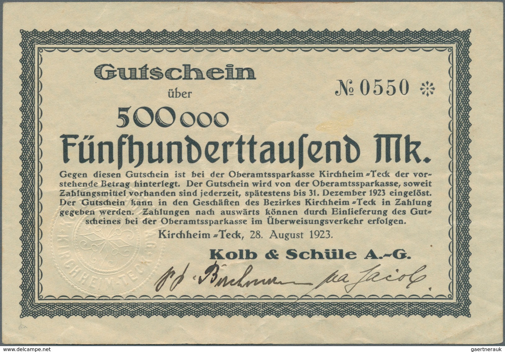 Deutschland - Notgeld - Württemberg: Kirchheim, Kolb & Schüle AG, 500 Tsd., 3 Mio. Mark, 28.8.1923, - [11] Emisiones Locales