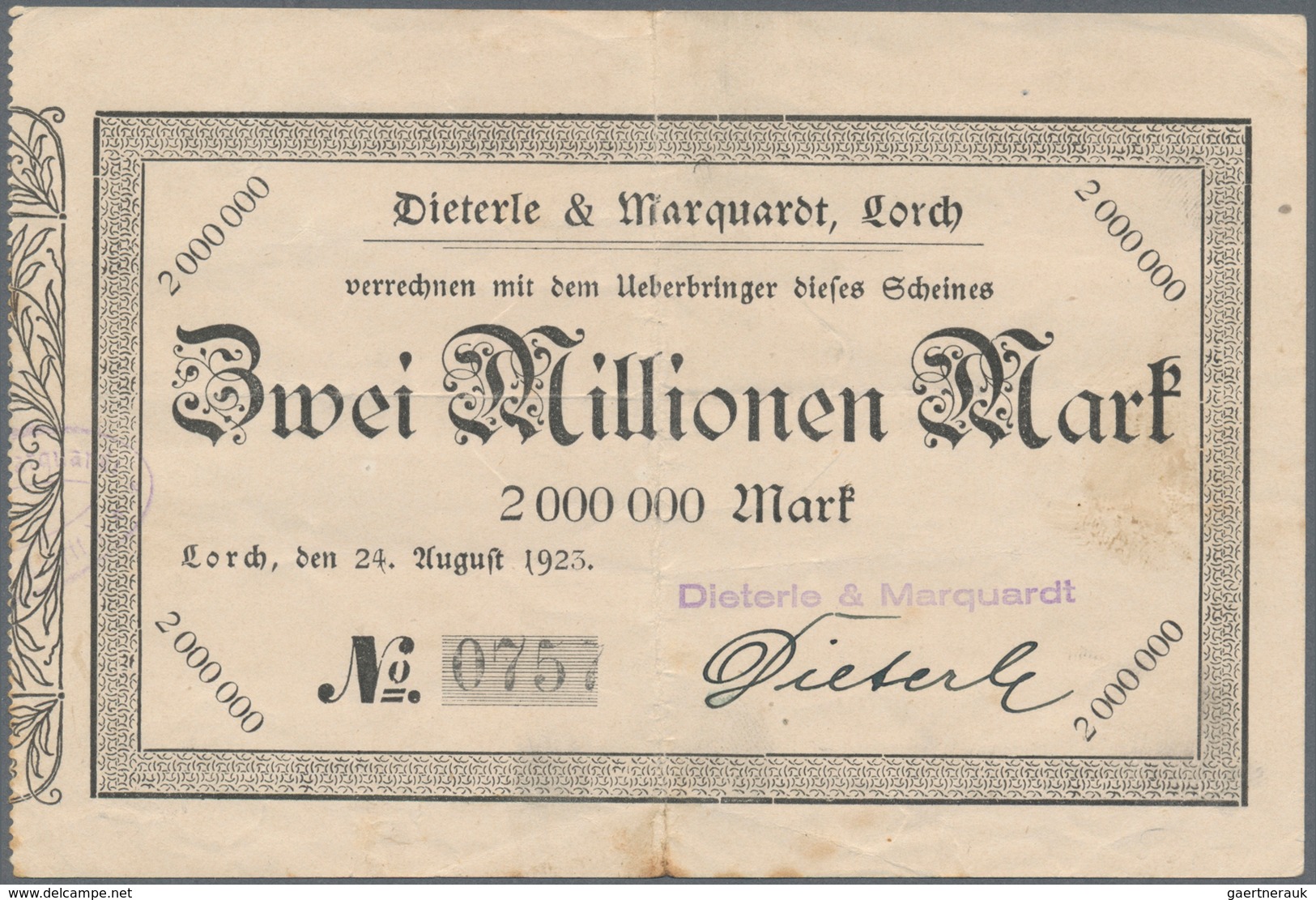 Deutschland - Notgeld - Württemberg: Lorch, Dieterle & Marquardt, 2 Mio. Mark, 24.8.1923, Erh. III; - [11] Emisiones Locales