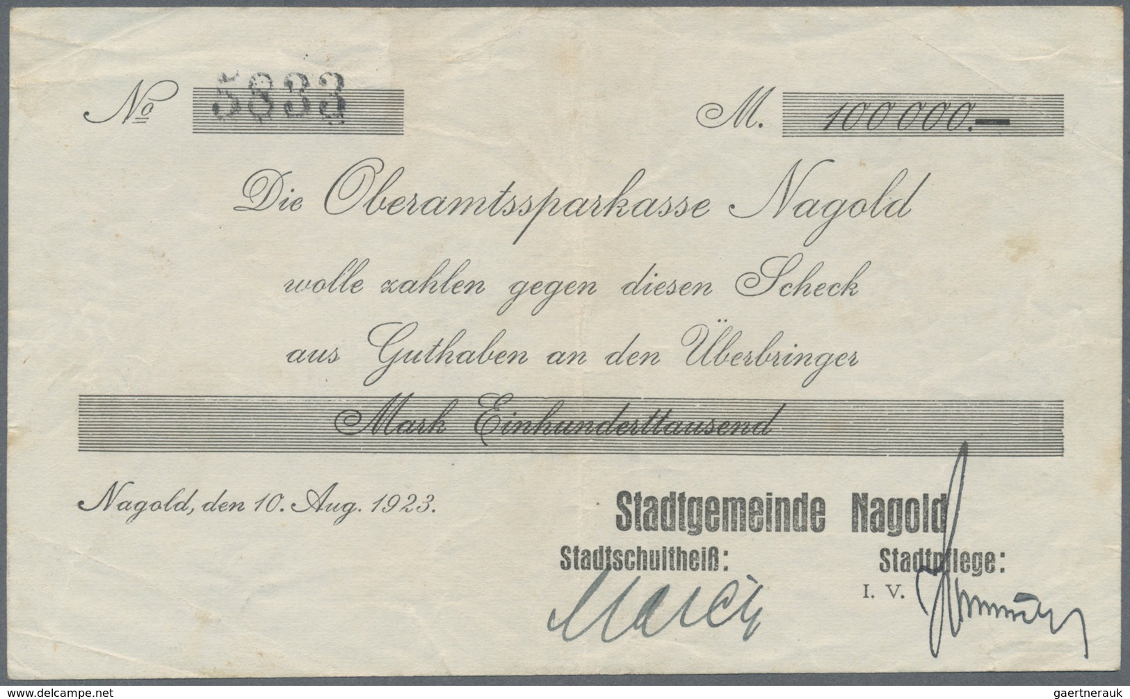 Deutschland - Notgeld - Württemberg: Nagold, Stadtgemeinde, 100, 500 Tsd. Mark, 10.8.1923, Schecks A - [11] Emissions Locales