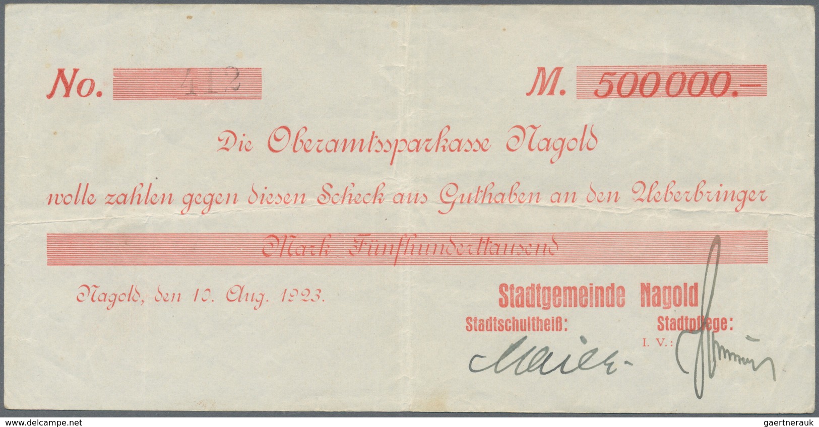 Deutschland - Notgeld - Württemberg: Nagold, Stadtgemeinde, 100, 500 Tsd. Mark, 10.8.1923, Schecks A - [11] Emissions Locales