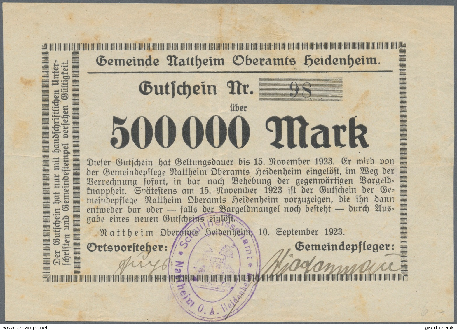 Deutschland - Notgeld - Württemberg: Nattheim, Gemeinde, 500 Tsd., 2 X 1, 2 X 2, 2 X 5, 4 X 50 Mio. - [11] Emissions Locales